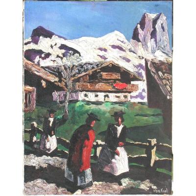 Vera KARL "Chalet dans les Alpes" huile sur toile 60x50